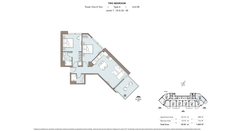 Nautica Two floor plan 2 BR · 1000 sqft