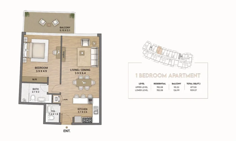 Ocean Tower floor plan 1 BR · 877 sqft