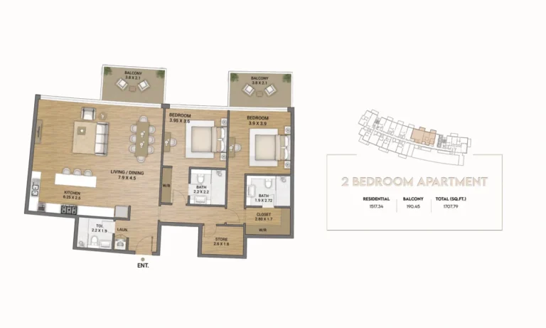 Ocean Tower floor plan 2 BR · 1707 sqft