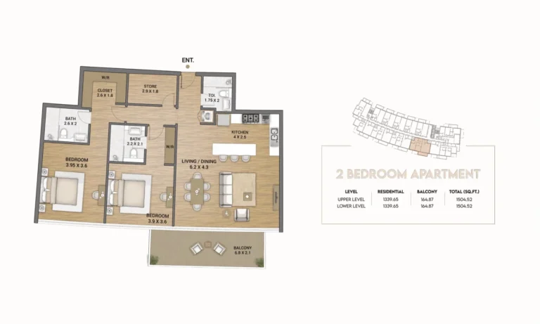 Ocean Tower floor plan 2 BR · 1504 sqft