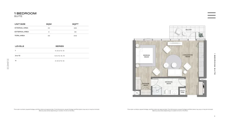 The Edge floor plan 1 BR · 633 sqft
