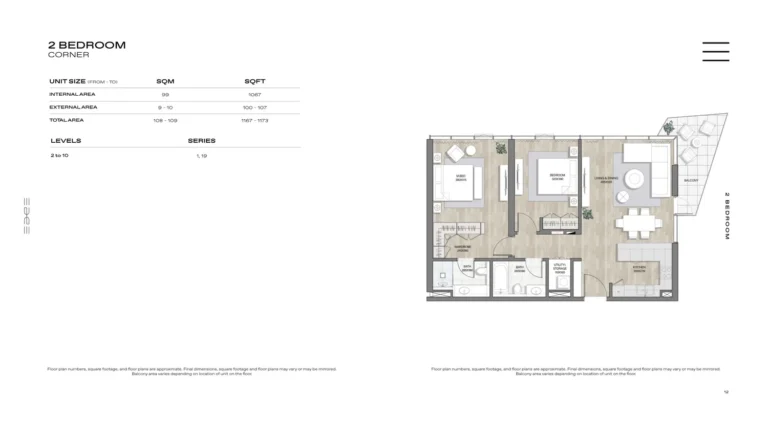 The Edge floor plan 2 BR · 1167 sqft