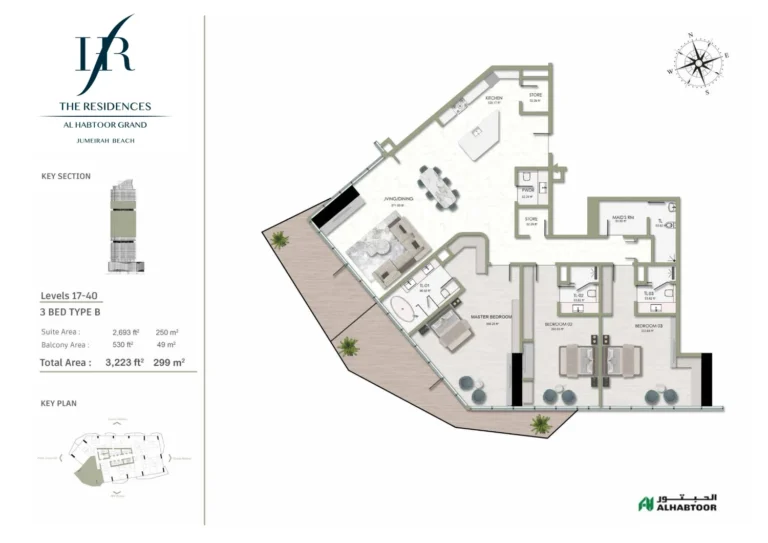 The Residences, Al Habtoor Grand floor plan 3 BR · 3223 sqft