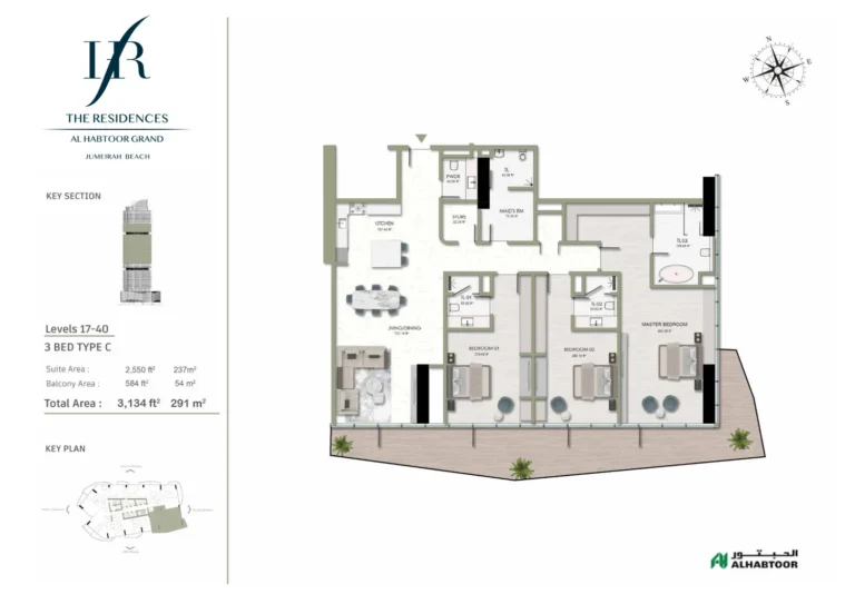 The Residences, Al Habtoor Grand floor plan 3 BR · 3134 sqft