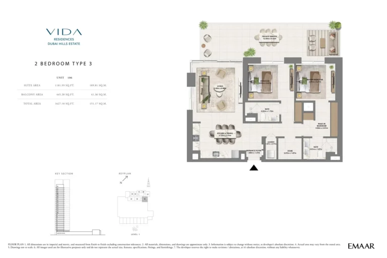 Vivida Residences floor plan 2-спальн. · 1627 sqft