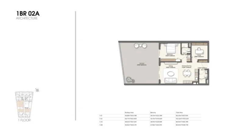 Yigo26 floor plan 1-спальн. · 1057 кв. фут