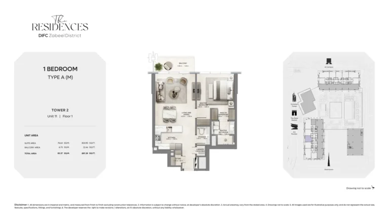 The Residences by DIFC floor plan 1-спальн. · 897 кв. фут