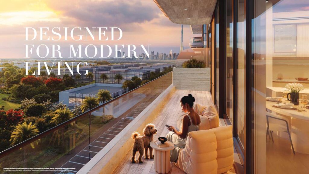 Balcony view overlooking city skyline with woman and dog
