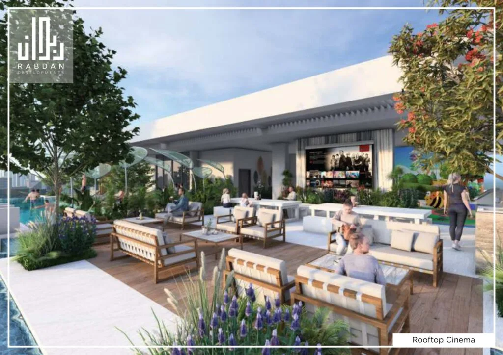 Rooftop outdoor seating area with cinema screen and pool