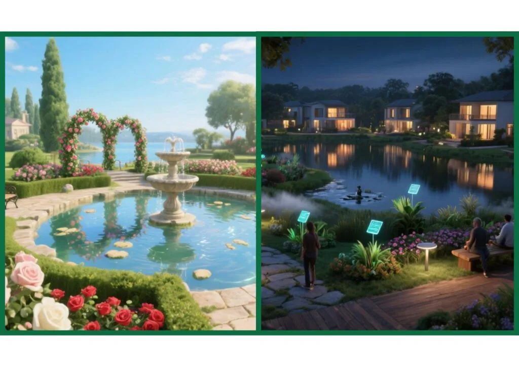 Day and night views of garden with fountain and lakeside houses