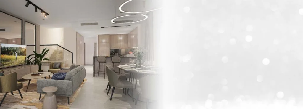 Interior render of living room and kitchen with dining area