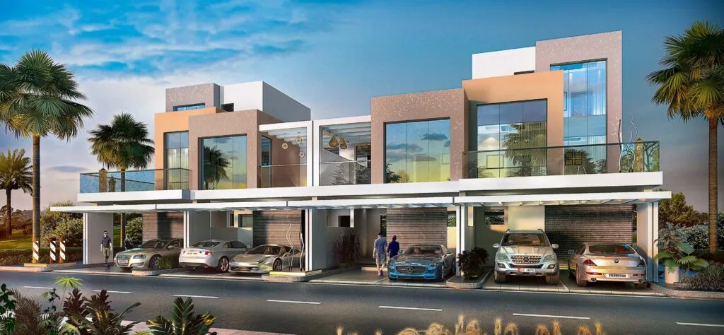Exterior render of modern townhouses with carports and palm trees