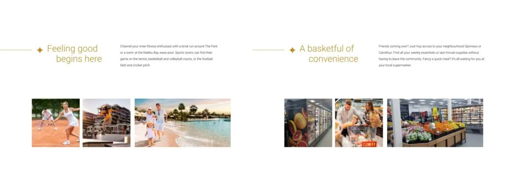 People playing tennis, walking on beach, and shopping in supermarket