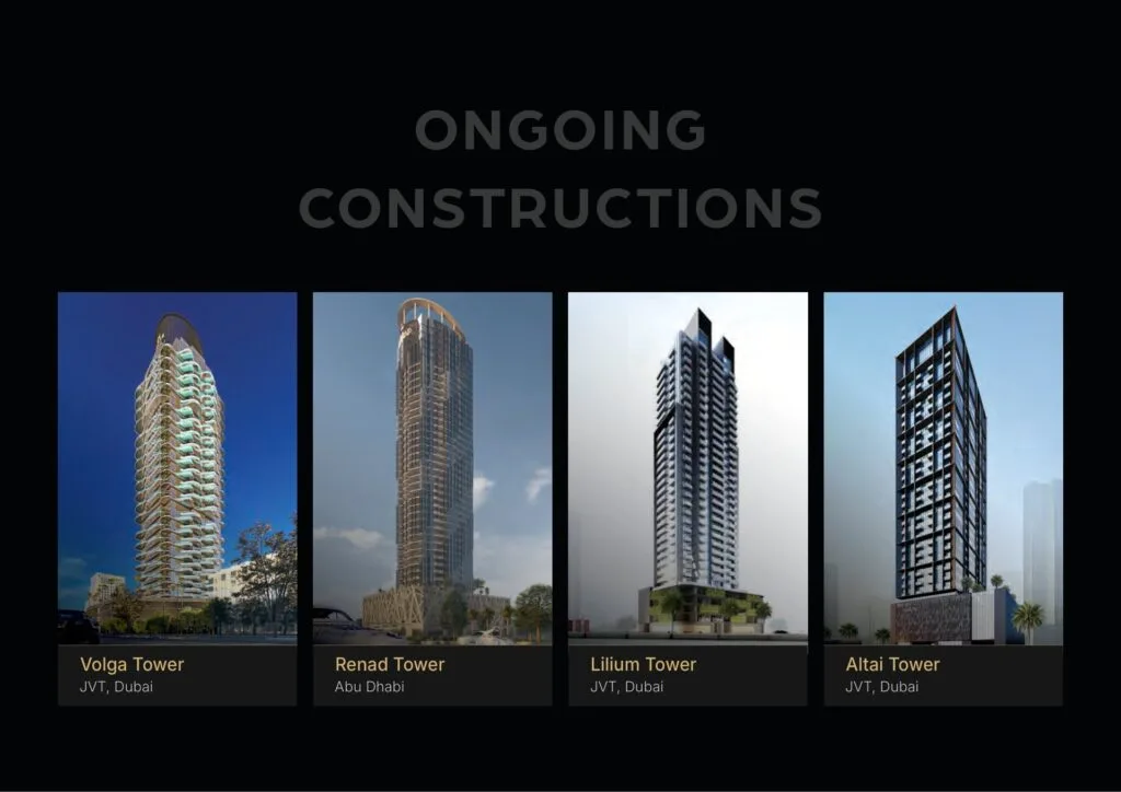 Four high-rise tower renders labeled with names and locations