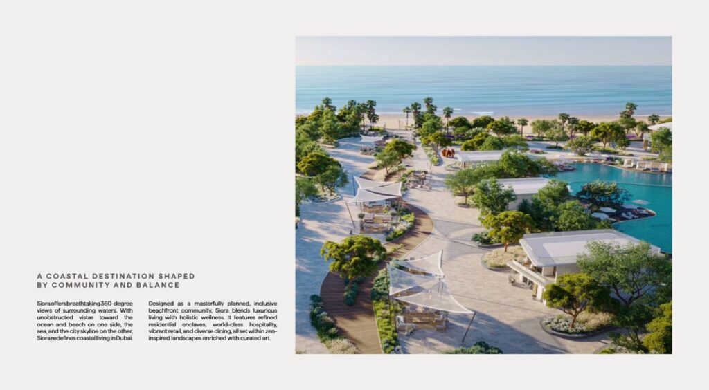 Aerial view of coastal community with pathways and water features