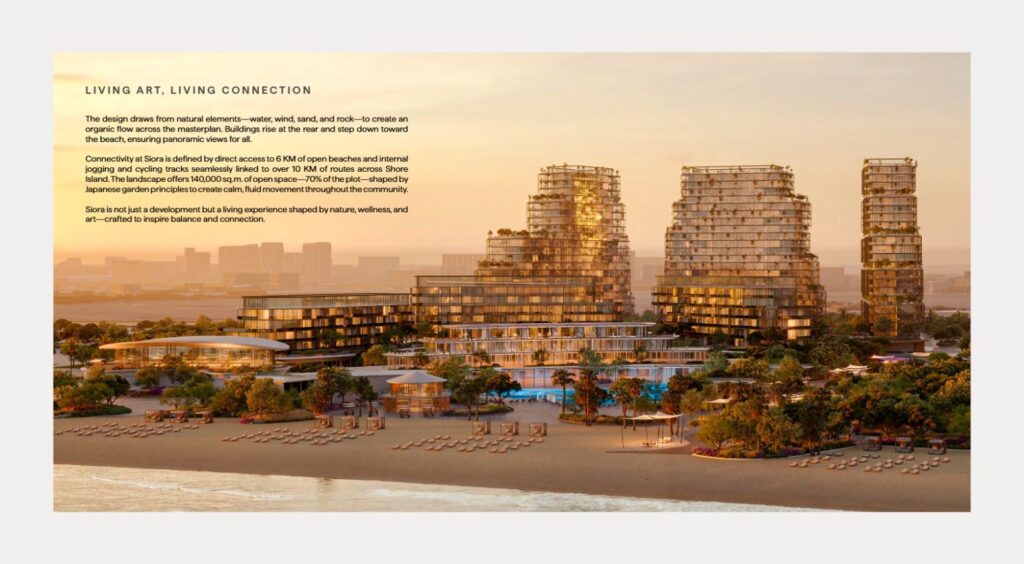 Beachfront buildings with pools and landscaped gardens at sunset