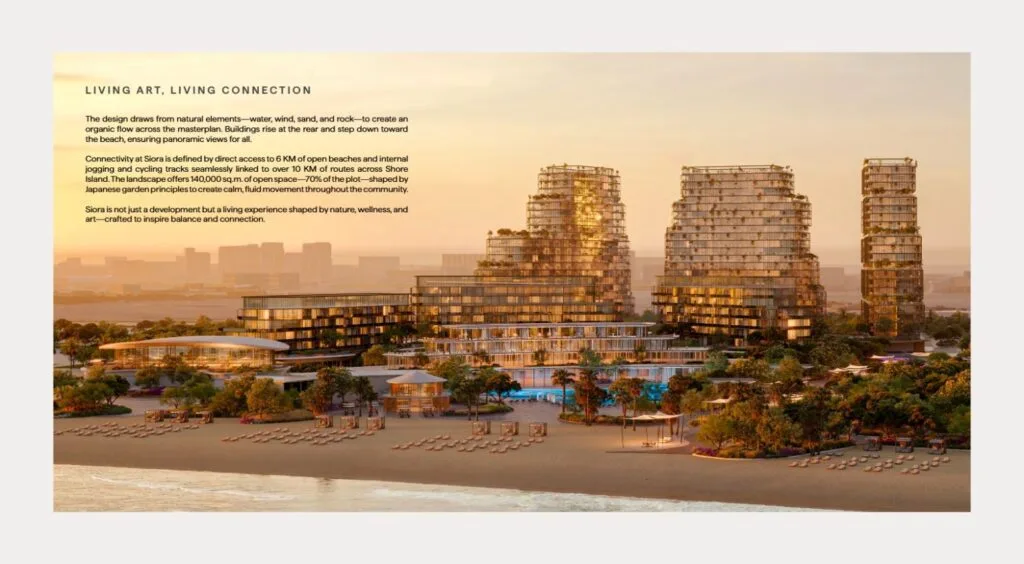 Beachfront buildings with pools and landscaped gardens at sunset