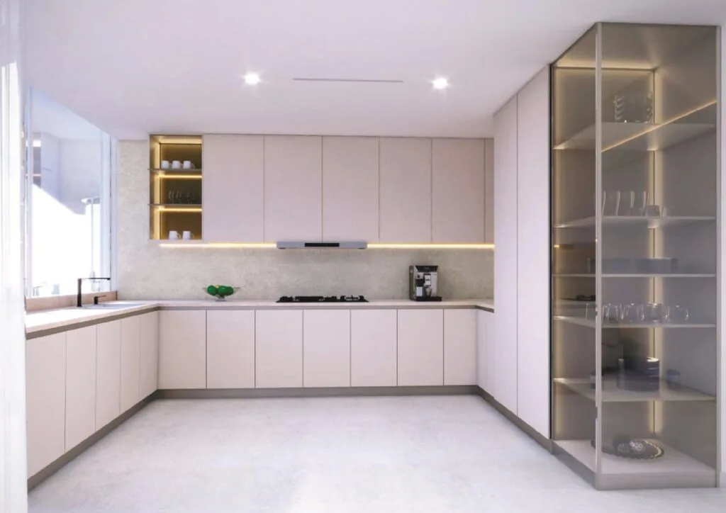 Modern kitchen interior with cabinets and glass shelving