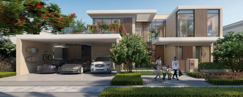 Exterior render of modern villa with cars and garden