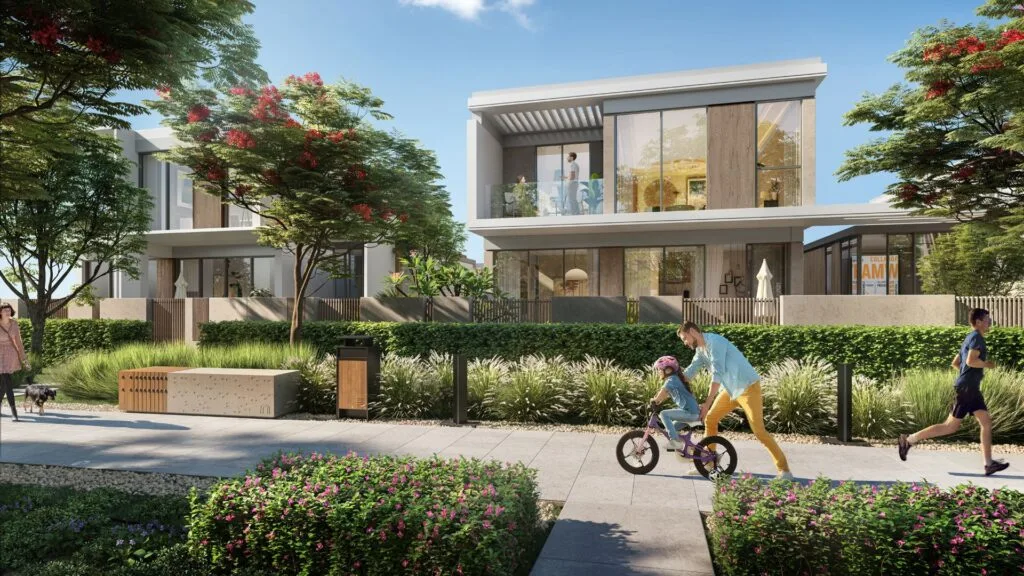 Exterior view of modern two-story residential buildings with landscaping