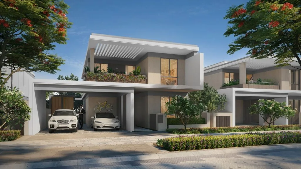 Front view of two modern four-bedroom villas with carports