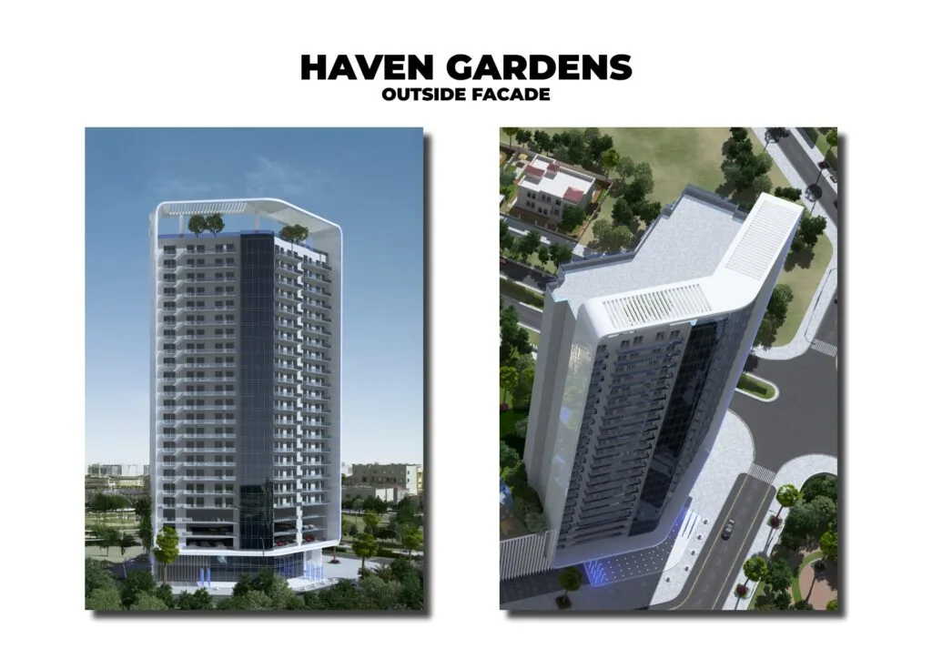 Two exterior renders of a modern high-rise building from different angles