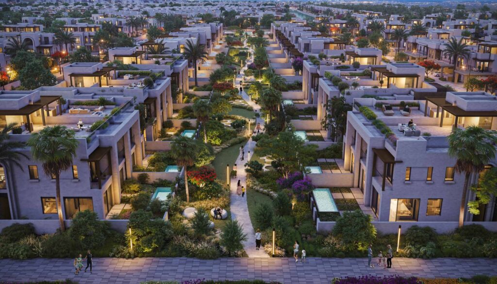 Evening aerial view of residential villas with landscaped central walkway