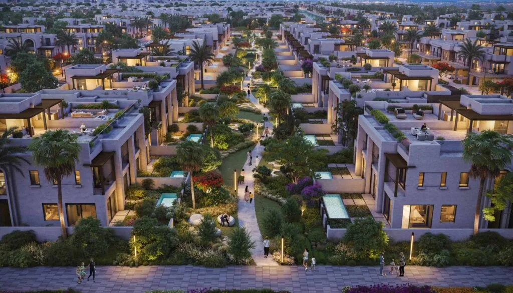 Evening aerial view of residential villas with landscaped central walkway