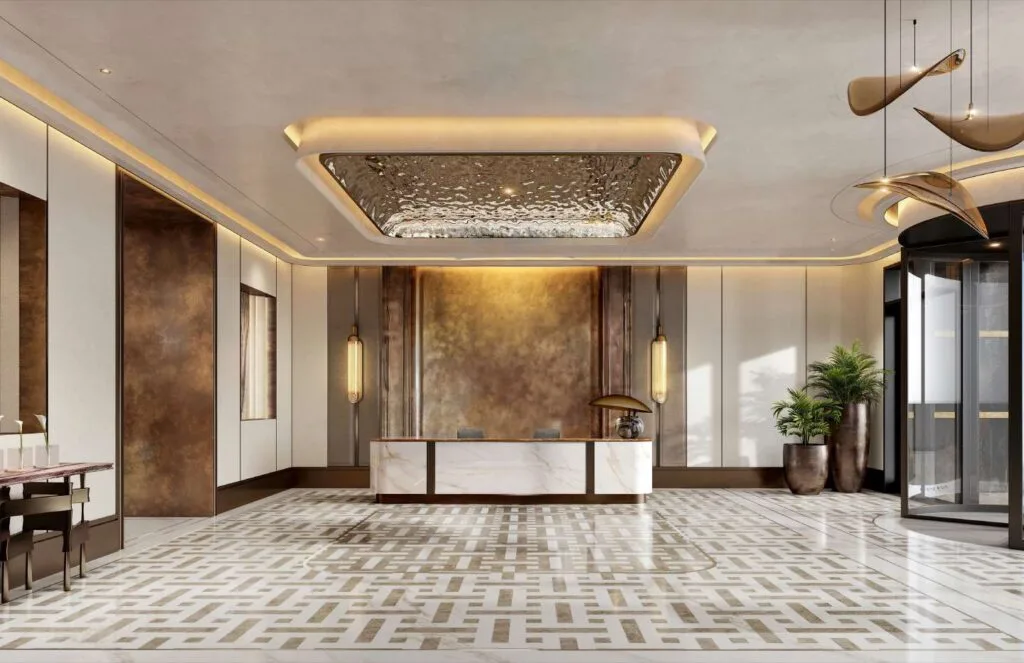 Hotel lobby interior with reception desk and decorative ceiling
