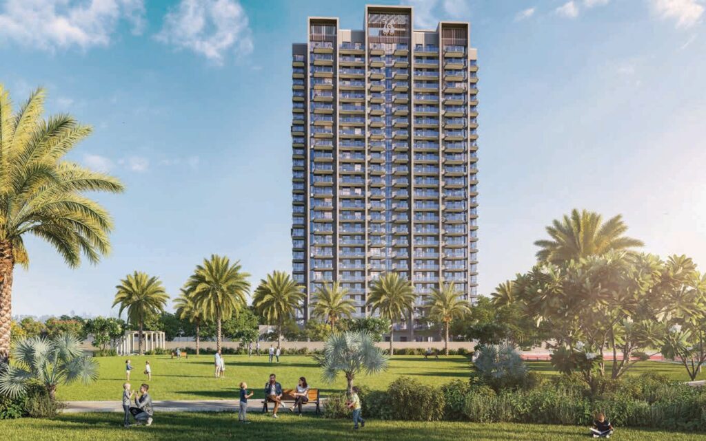 High-rise residential building with palm trees and green park