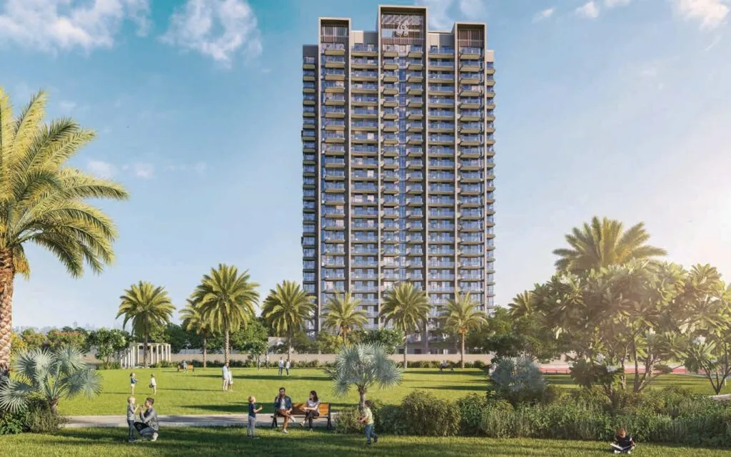 High-rise residential building with palm trees and green park