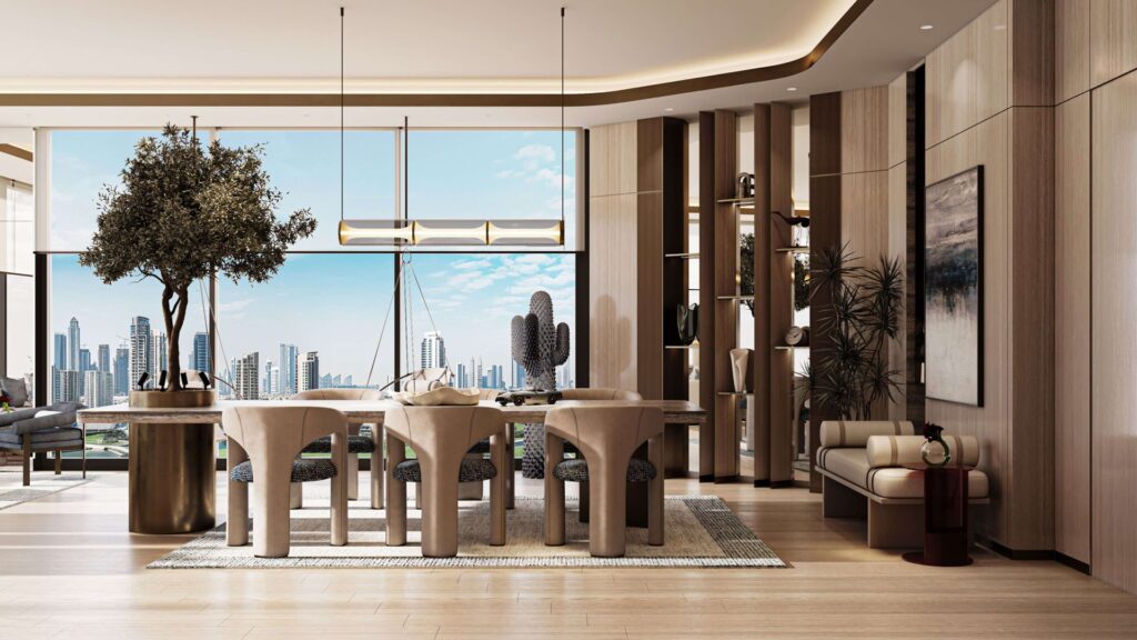 Interior dining area with large window showing city skyline