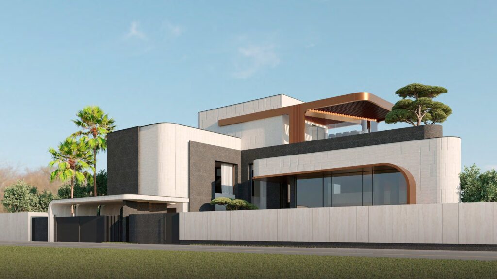 Modern two-story house exterior with trees and fence
