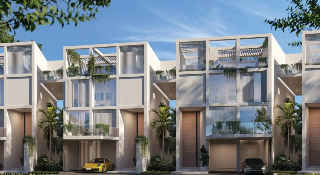 modern multi-story residential buildings with cars and greenery