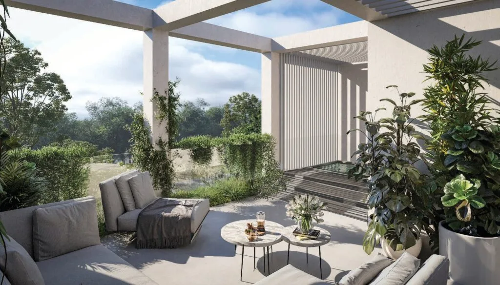 Outdoor seating area with plants and pergola structure