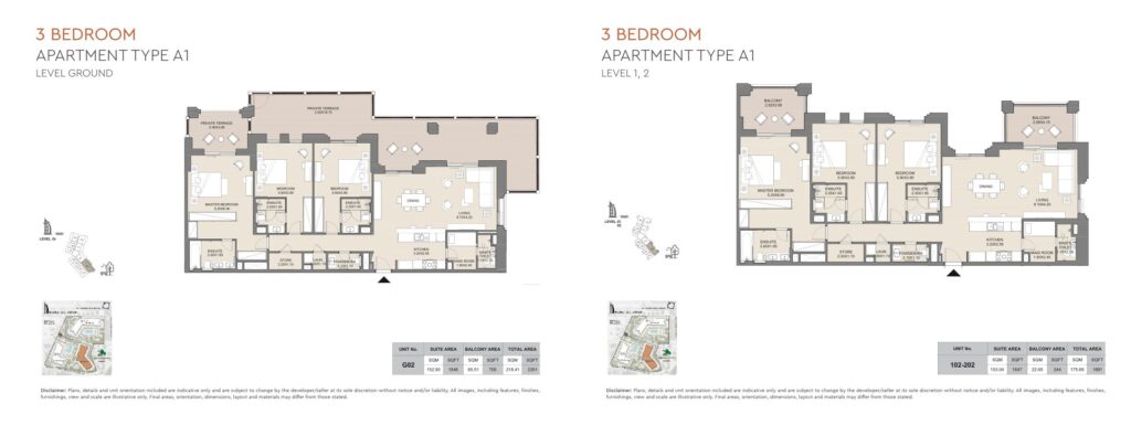 Floor plans of two 3 bedroom apartments with room layouts