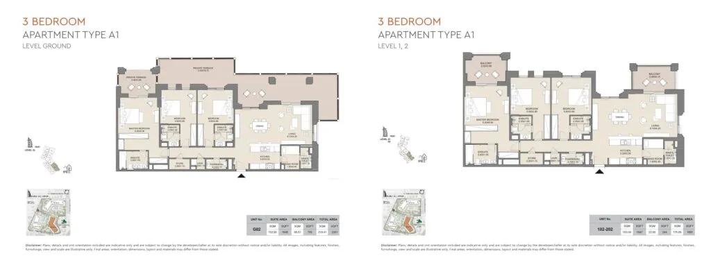 Floor plans of two 3 bedroom apartments with room layouts