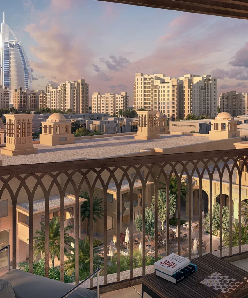 Jadeel by Meraas in Madinat Jumeirah Living, Dubai — Elevated architectural view overlooking landscaped courtyard and skyline