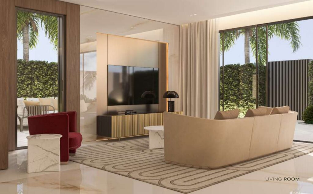Modern living room with beige sofa and large windows