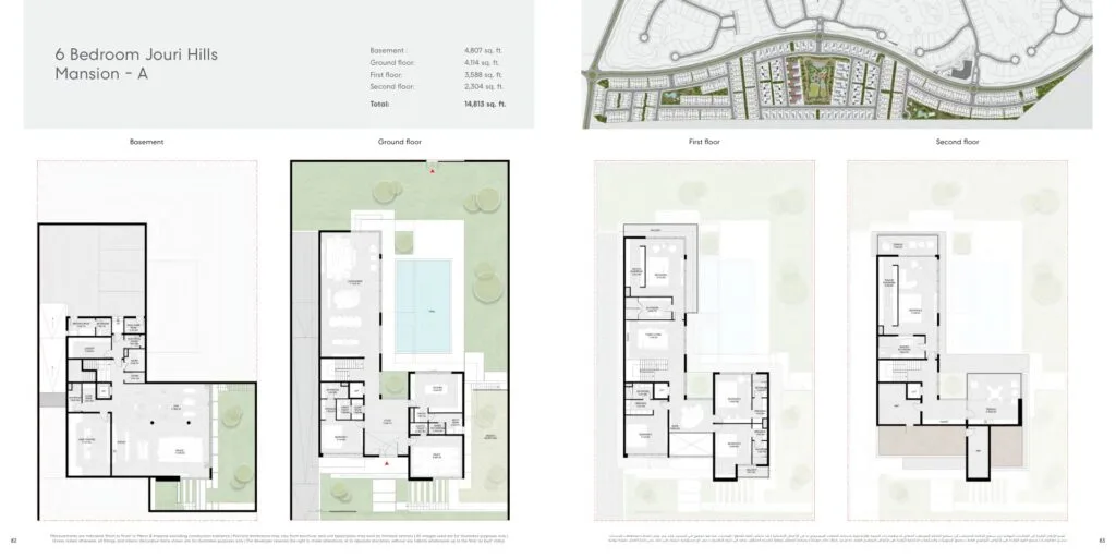 Floor plans of a 6 bedroom mansion with basement and three floors