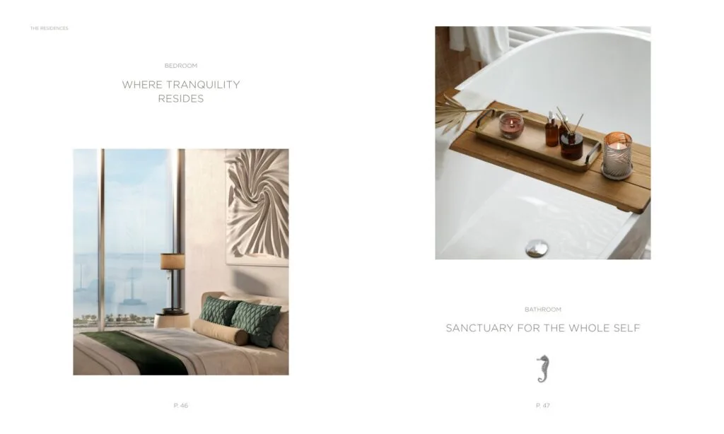 Bedroom with large window and bed, bathroom bathtub with tray