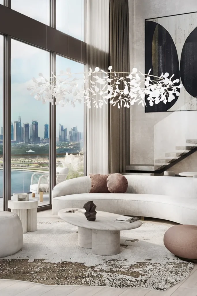 living room render with skyline view, Kempinski Residences The Creek - Tower 1, Healthcare City Phase 2, Dubai