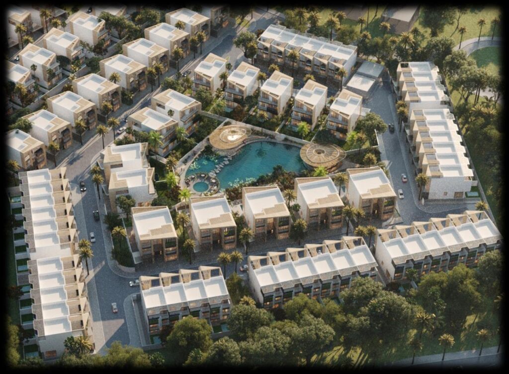 aerial view of waterfront villas and townhouses with central pool