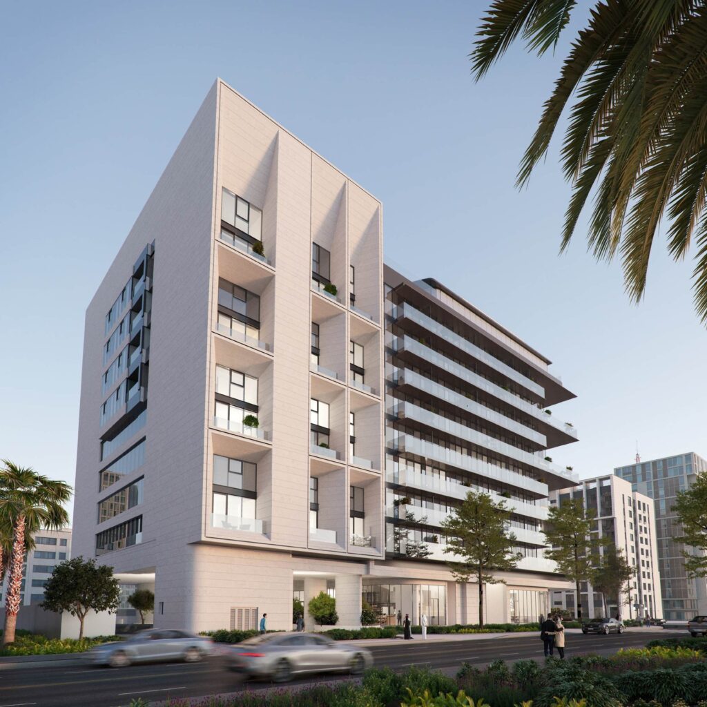 Koro One residential building facade, Jumeirah Garden City, Dubai
