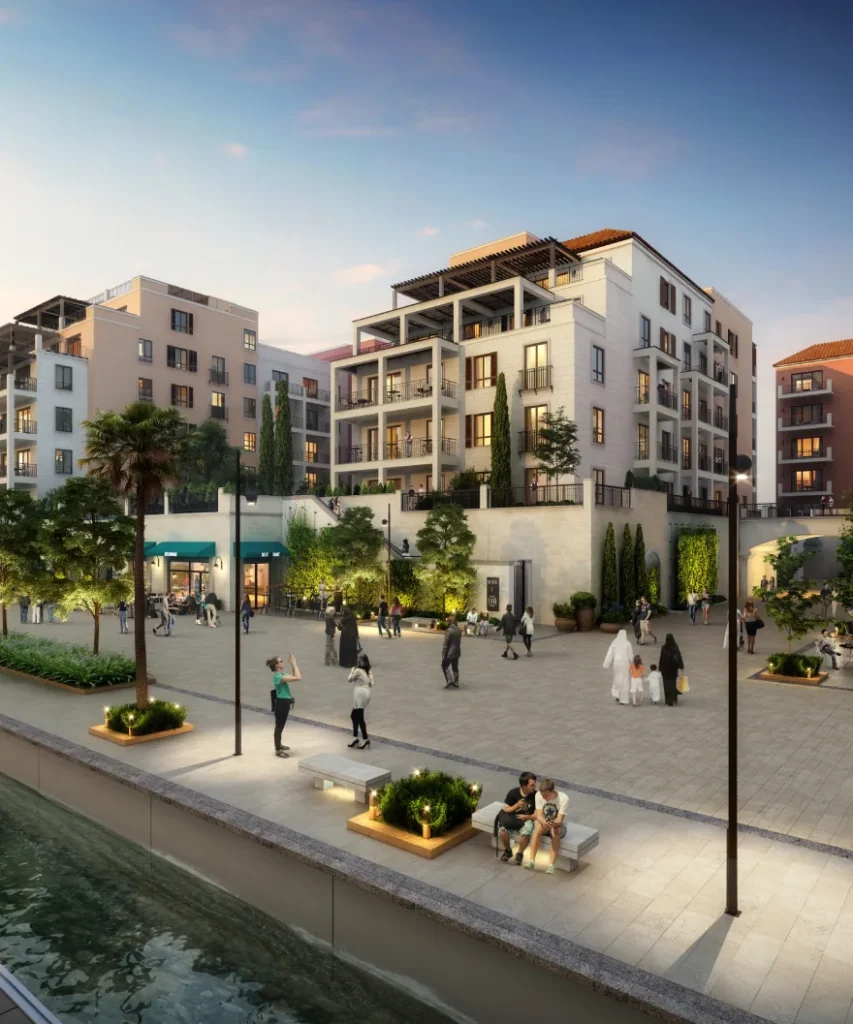La Rive by Meraas in Port de La Mer, Dubai — Residential buildings surrounding a landscaped waterfront plaza