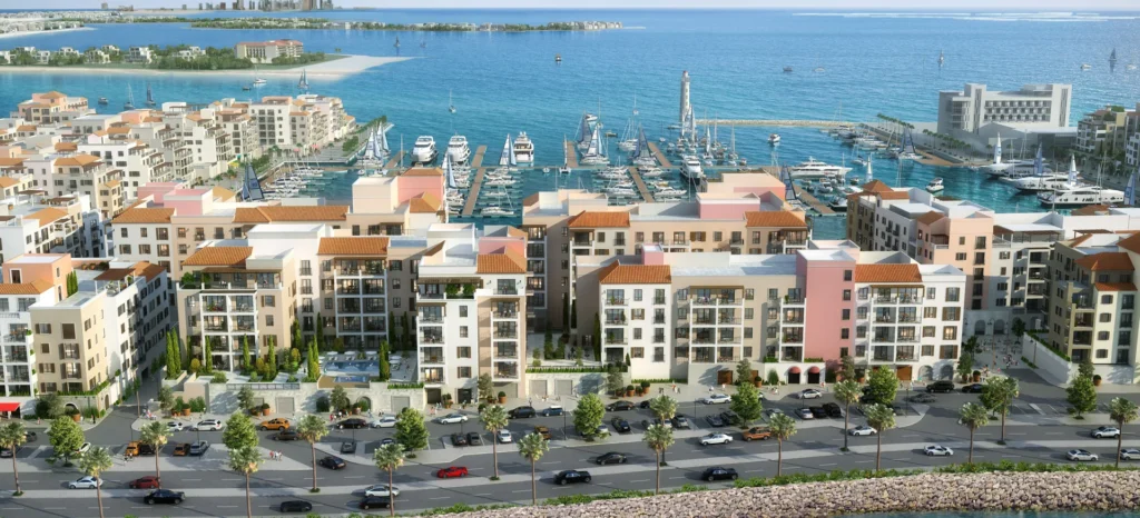 La Rive by Meraas in Port de La Mer, Dubai — Aerial view of waterfront apartments, marina, and boulevard