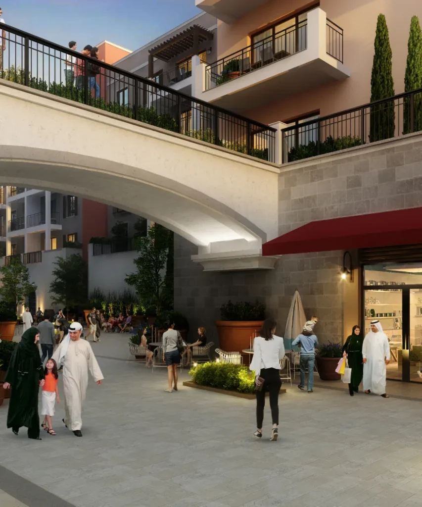 La Rive by Meraas in Port de La Mer, Dubai — People enjoying landscaped retail courtyard beneath residences
