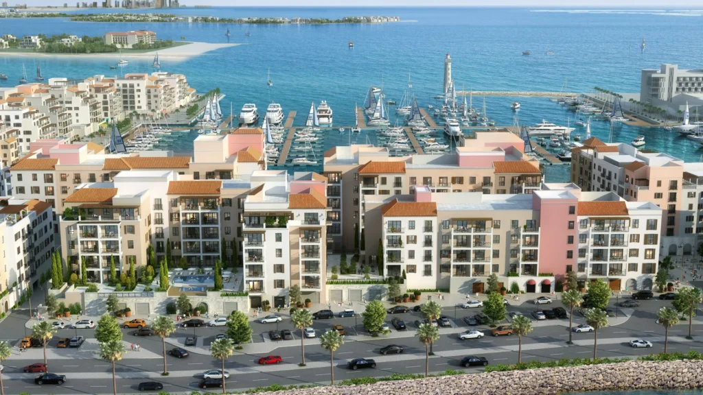 Aerial view of La Rive residential buildings overlooking the marina at Port de La Mer, Dubai (developer rendering)
