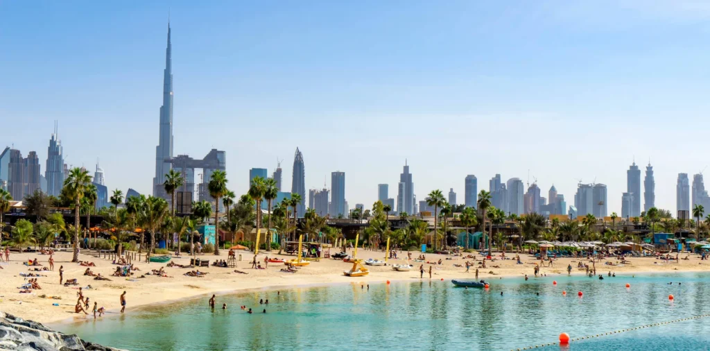 La Mer public beach next to Port de La Mer with the Dubai skyline in the background