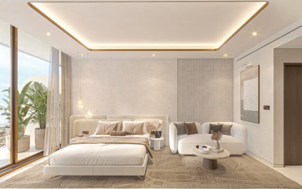 Interior render of a bedroom with bed, sofa, and large window